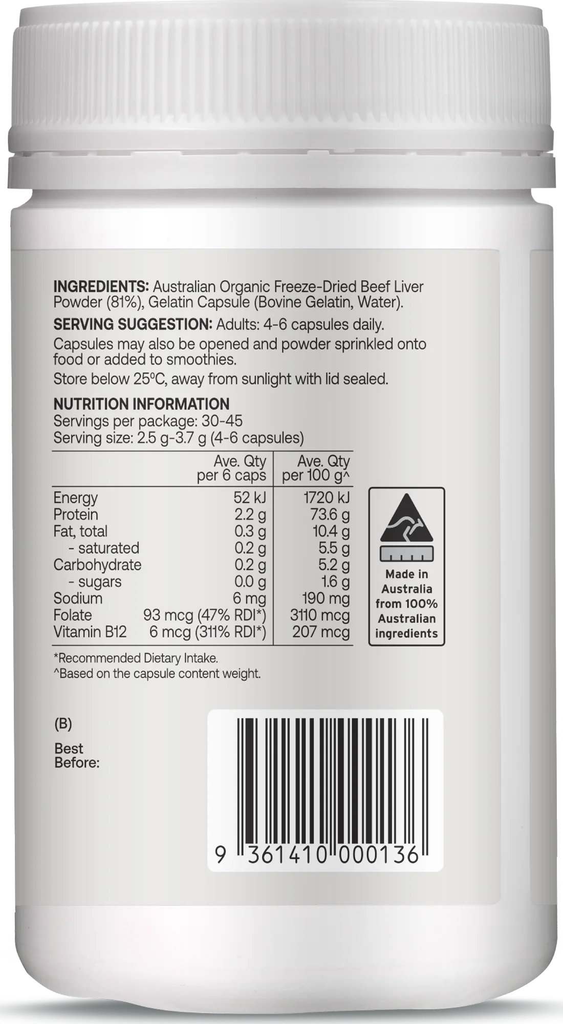 Best of the Bone Organic Beef Liver Capsules 180c