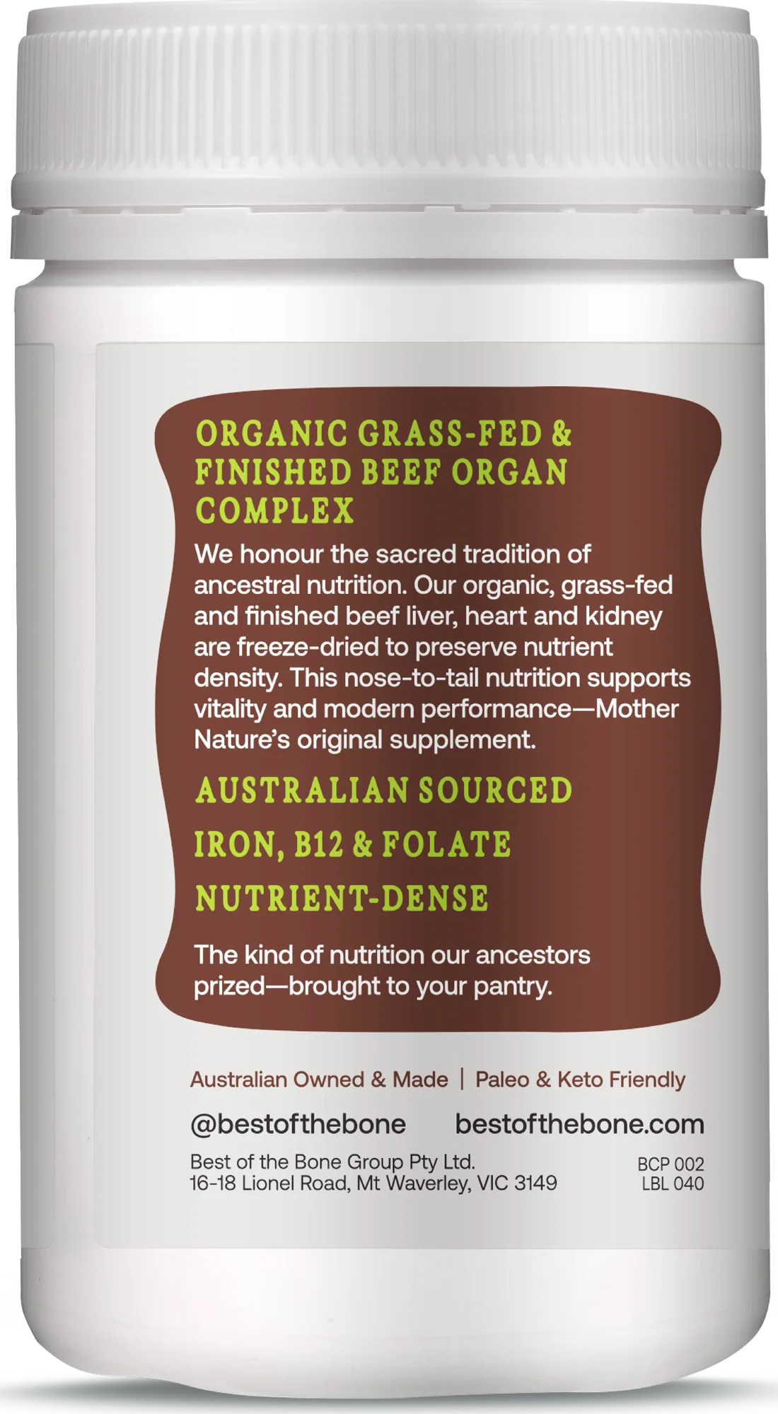 Best of the Bone Organic Beef Organ Complex - Liver Heart & Kidney 160c