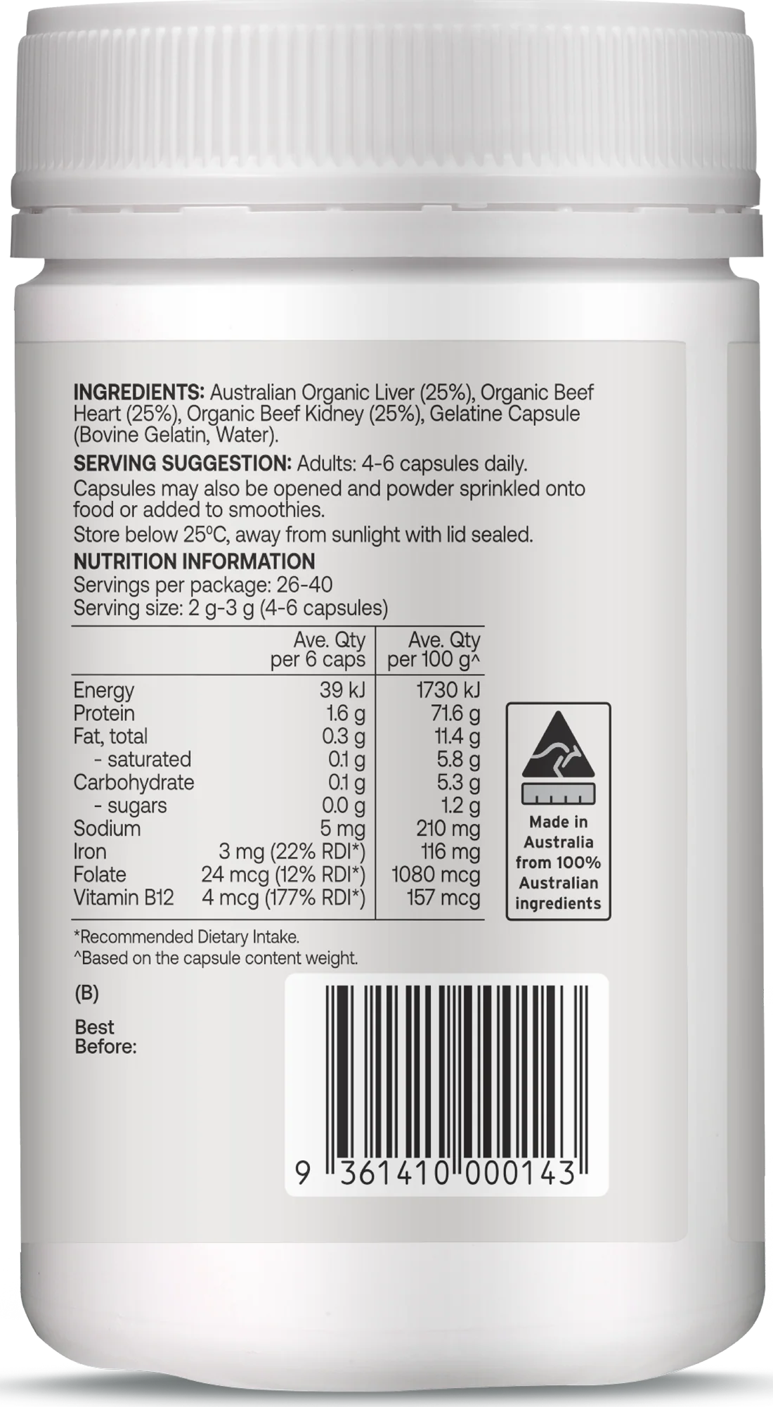 Best of the Bone Organic Beef Organ Complex - Liver Heart & Kidney 160c