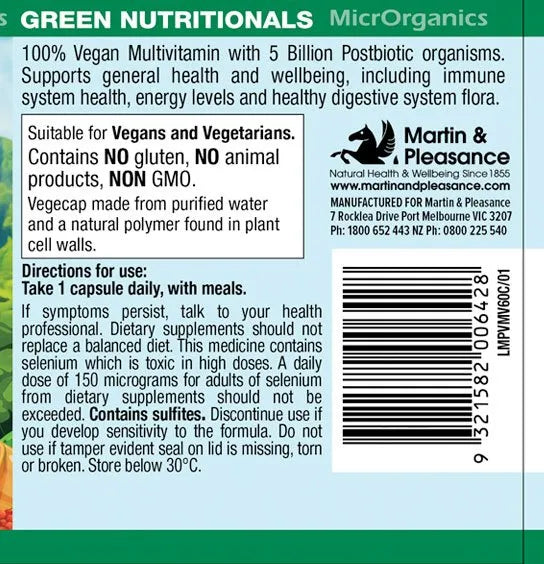 GREEN NUTRITIONALS 100% VEGAN MULTIVITAMIN 60VC