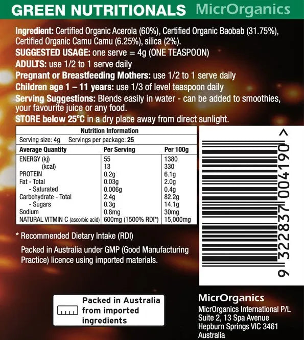 Green Nutritionals Pure Plant-Source Organic Green Vitamin C