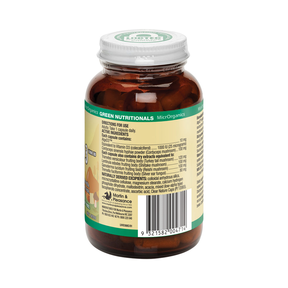 Green Nutritionals Vegan Vitamin D3 1000IU + Mushrooms 60vc