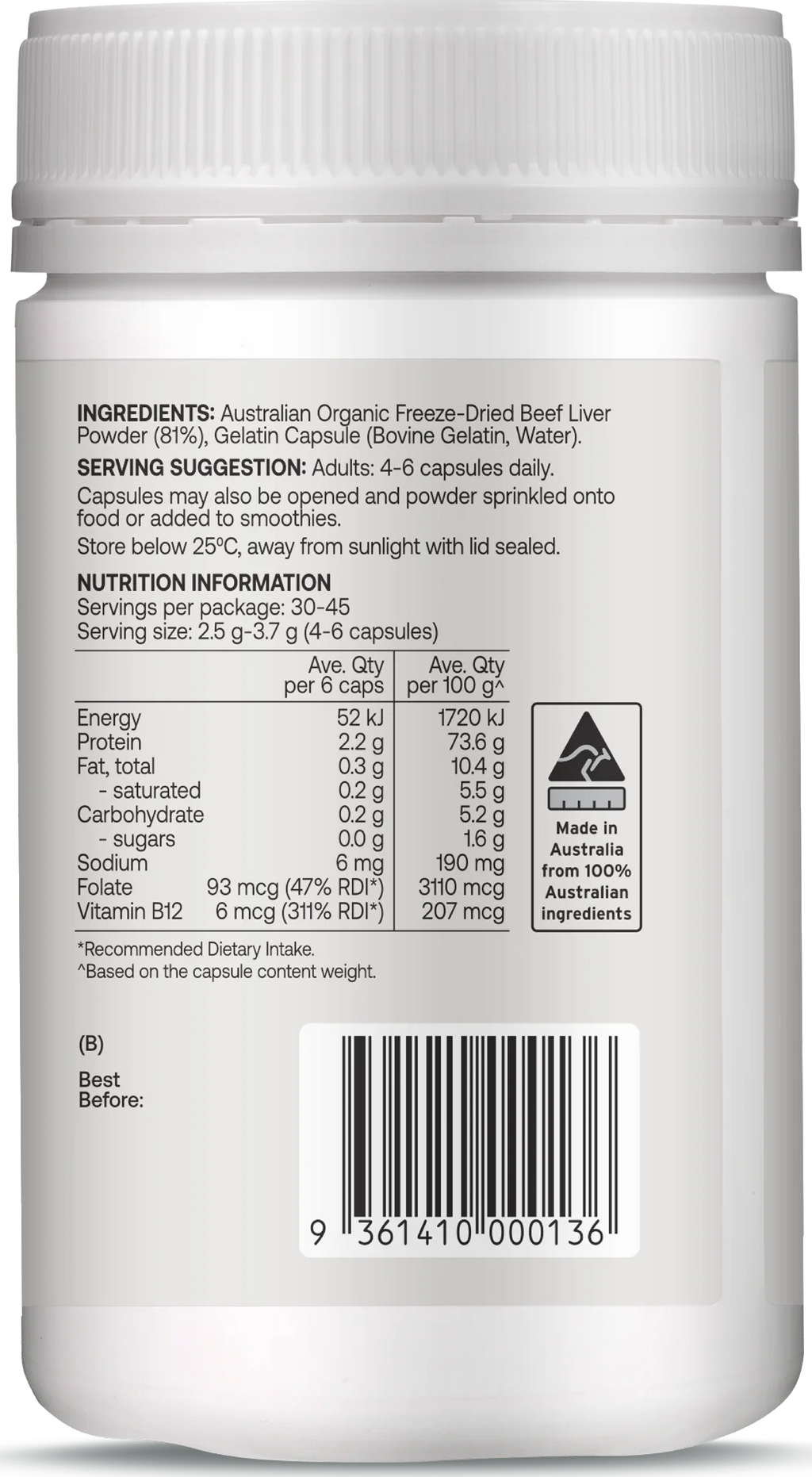 Best of the Bone Organic Beef Liver Capsules 180c