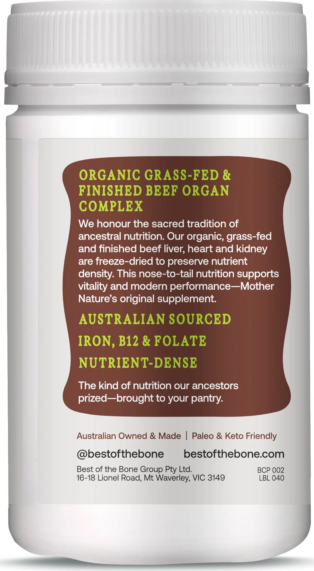Best of the Bone Organic Beef Organ Complex - Liver Heart & Kidney 160c