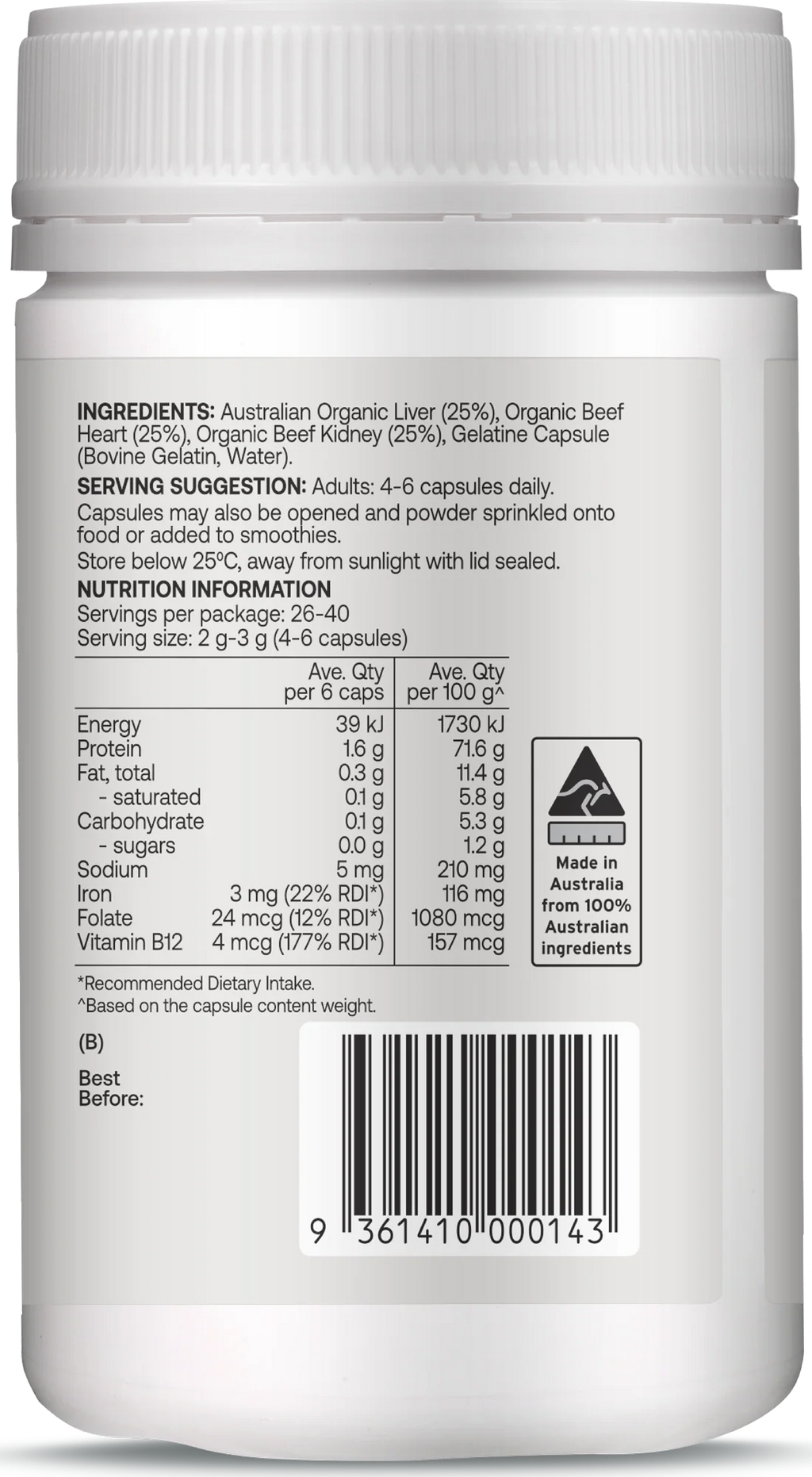 Best of the Bone Organic Beef Organ Complex - Liver Heart & Kidney 160c