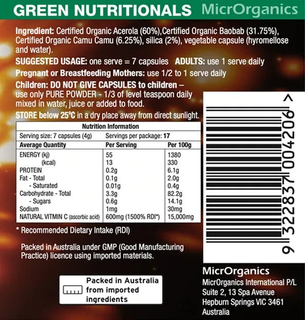 Green Nutritionals Pure Plant-Source Organic Green Vitamin C