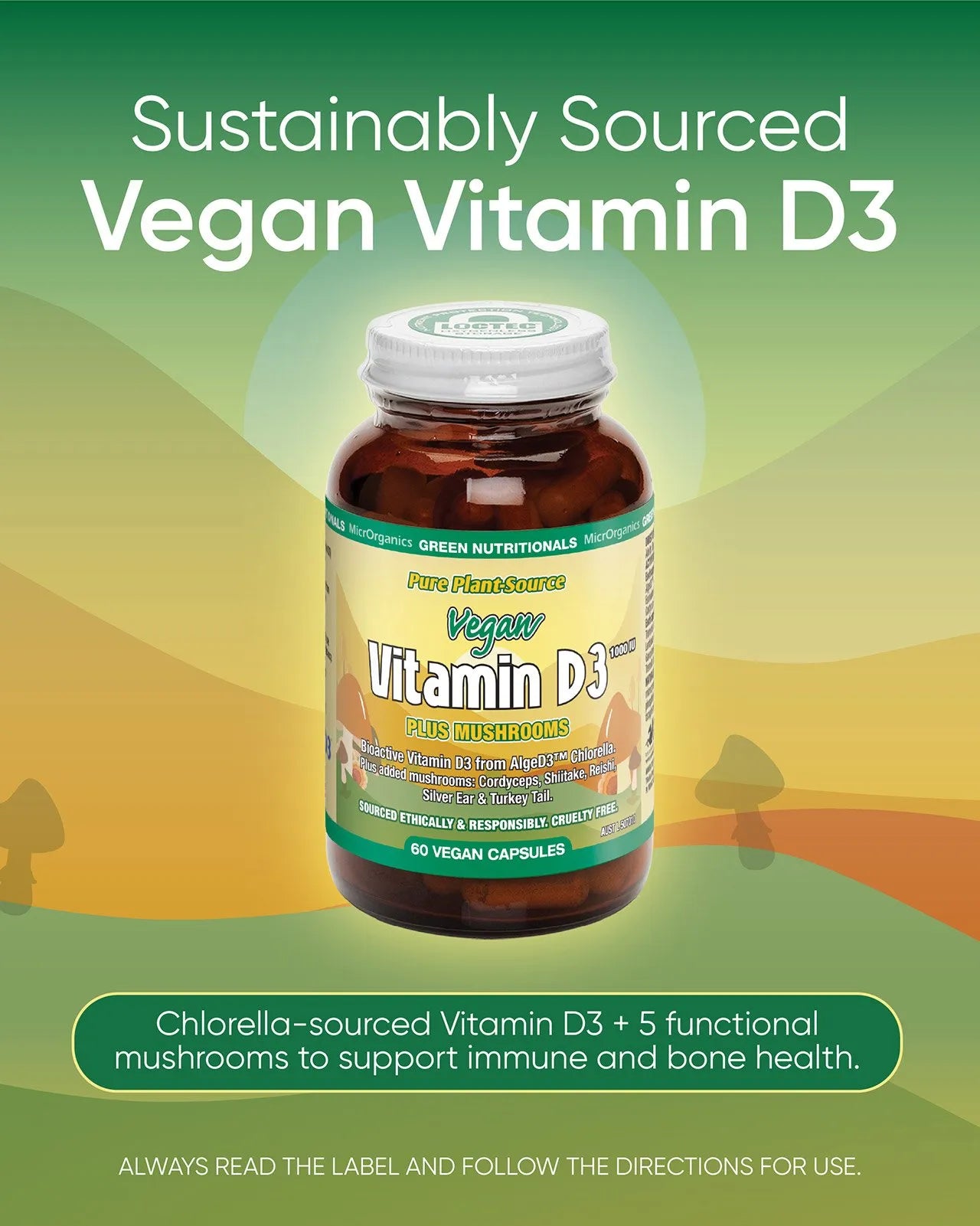 Green Nutritionals Vegan Vitamin D3 1000IU + Mushrooms 60vc