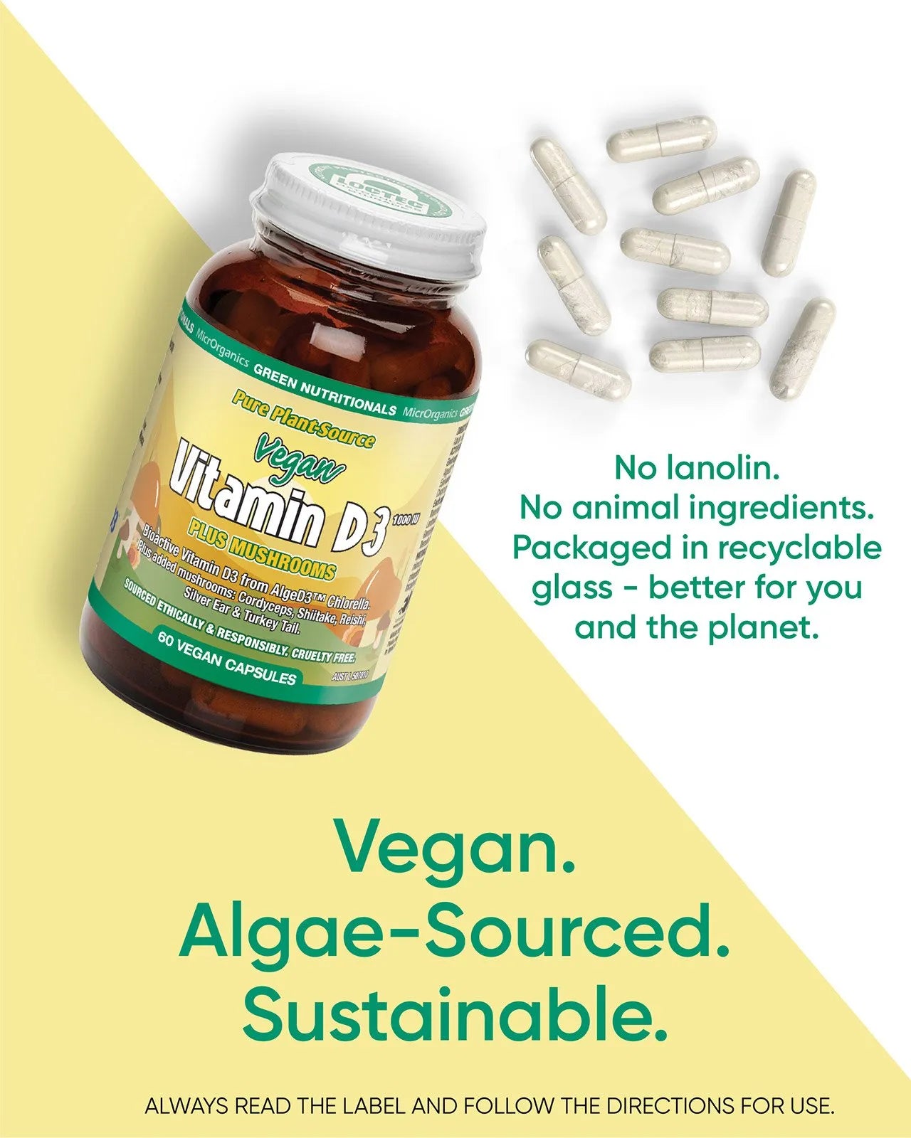 Green Nutritionals Vegan Vitamin D3 1000IU + Mushrooms 60vc